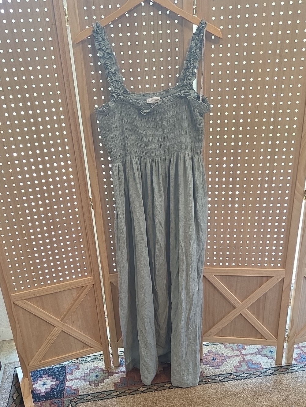 Calvin Klein Sage Gray Smocked Ruffle Strap Maxi Dress